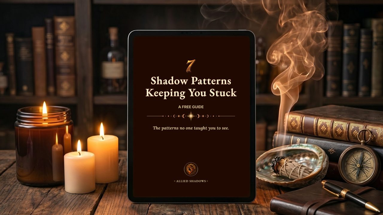 7 Shadow Patterns Keeping You Stuck — guide cover displayed on a tablet in a candlelit study